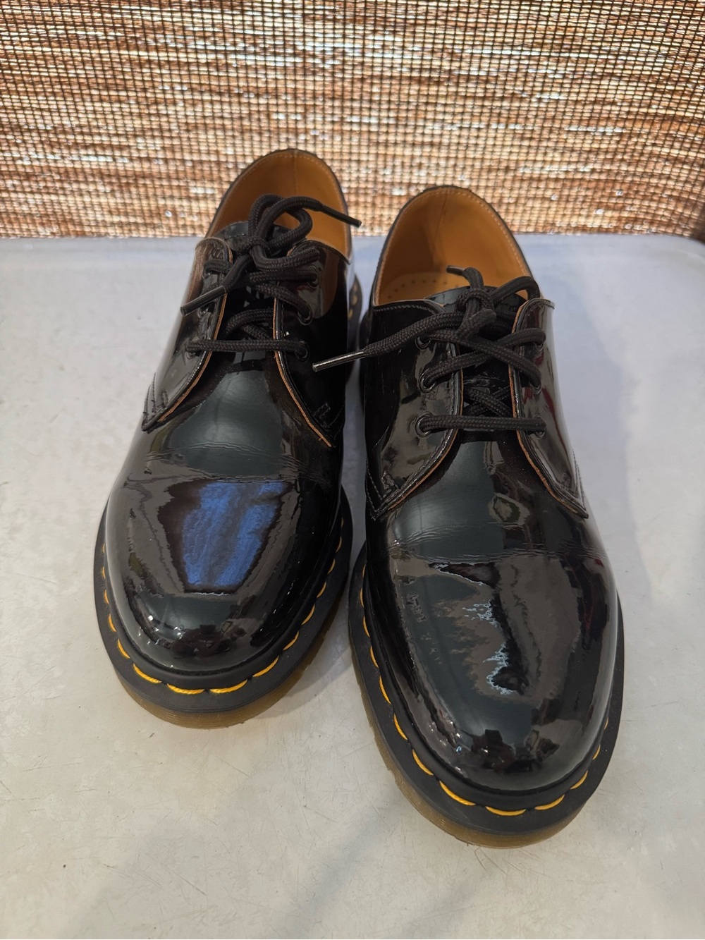 Dr. Martens Black Patent Leather Oxford Shoes with Yellow Stitching Women’s